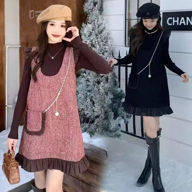 Dvodijelni set za trudnoće: haljina s stražnjim remenima, prozračna pamučna tkanina, dugi rukavi, japansko-korejski casual stil