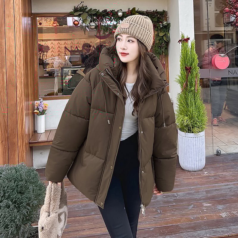 Дамско палто с пух‑памук, качулка, средна дължина (65–80 см), полиестерова тъкан, цип