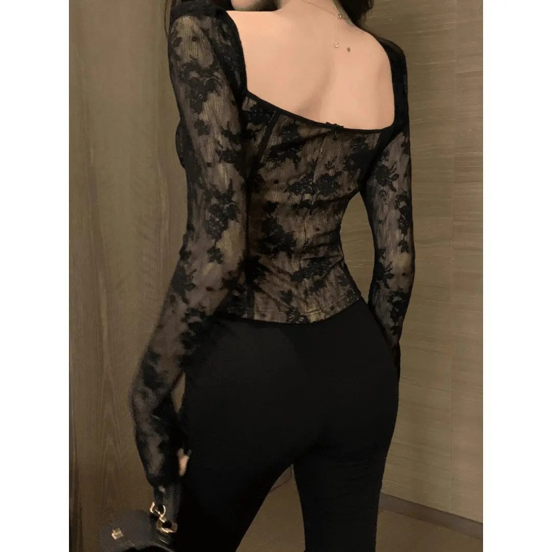 Francuska retro čipkasta bluza s kvadratnim ovratnikom za žene, uski kroj, dugi rukavi, za rano proljeće.