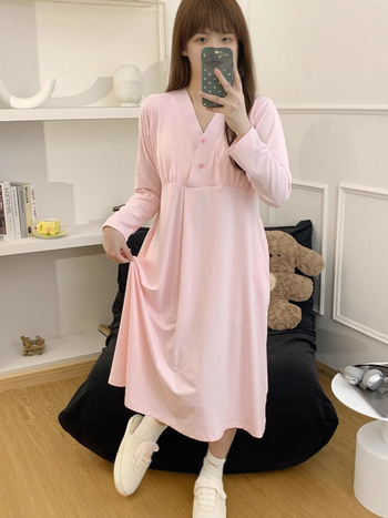 Trudnička haljina za dojenje s otvorom za dojenje, opuštena kućna haljina s dugim rukavima i okruglim izrezom, Mercerizirani poliester, duga oversize suknja