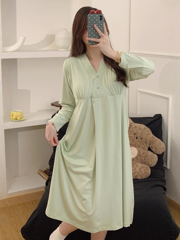 Trudnička haljina za dojenje s otvorom za dojenje, opuštena kućna haljina s dugim rukavima i okruglim izrezom, Mercerizirani poliester, duga oversize suknja