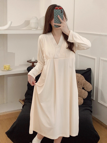 Trudnička haljina za dojenje s otvorom za dojenje, opuštena kućna haljina s dugim rukavima i okruglim izrezom, Mercerizirani poliester, duga oversize suknja