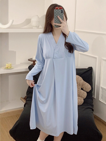 Trudnička haljina za dojenje s otvorom za dojenje, opuštena kućna haljina s dugim rukavima i okruglim izrezom, Mercerizirani poliester, duga oversize suknja