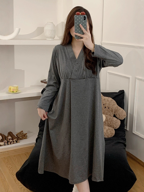 Trudnička haljina za dojenje s otvorom za dojenje, opuštena kućna haljina s dugim rukavima i okruglim izrezom, Mercerizirani poliester, duga oversize suknja