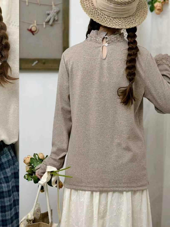 Pamut hosszú ujjú póló csipés panellel, kerek nyakú, őszi 2024