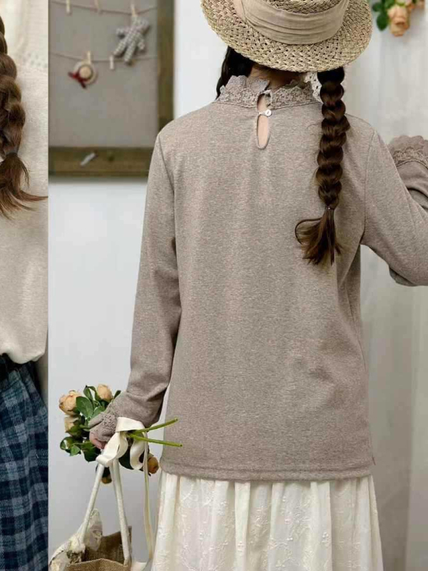 Pamut hosszú ujjú póló csipés panellel, kerek nyakú, őszi 2024