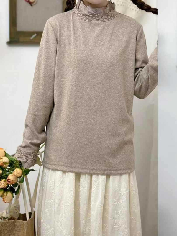 Pamut hosszú ujjú póló csipés panellel, kerek nyakú, őszi 2024