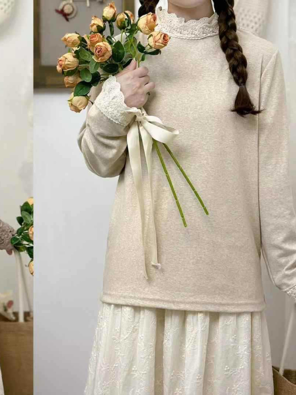 Pamut hosszú ujjú póló csipés panellel, kerek nyakú, őszi 2024