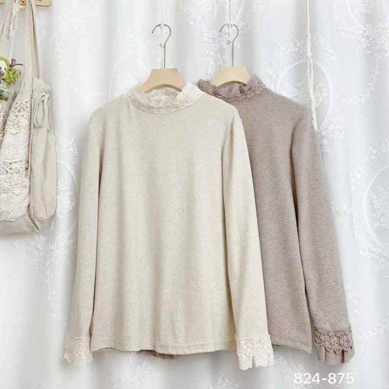 Pamut hosszú ujjú póló csipés panellel, kerek nyakú, őszi 2024