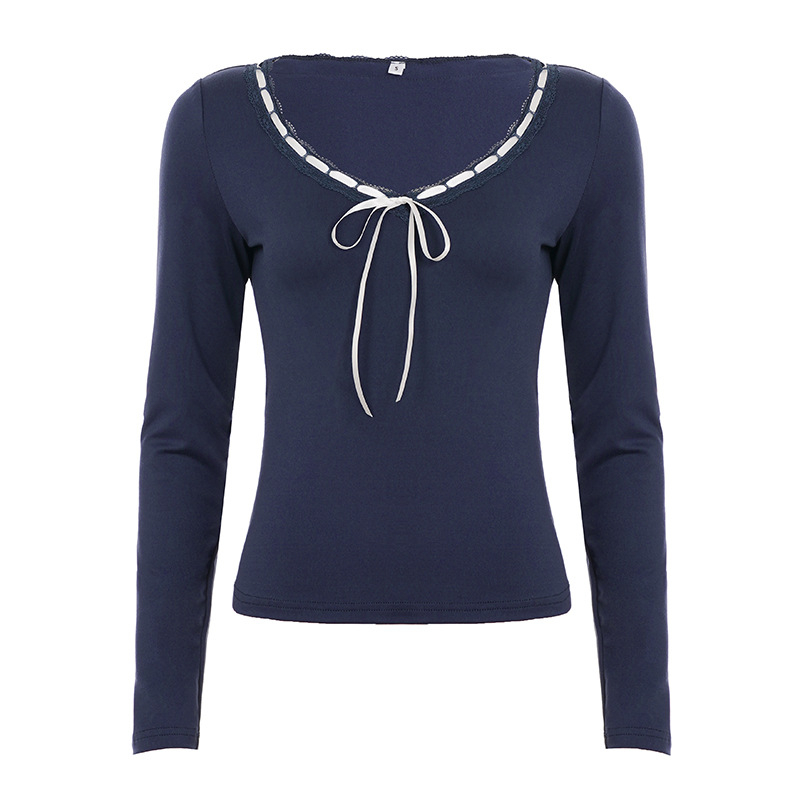 Slim-fit pleteni T-shirt s čipkastim V-izrezom, dugi rukavi, poliester