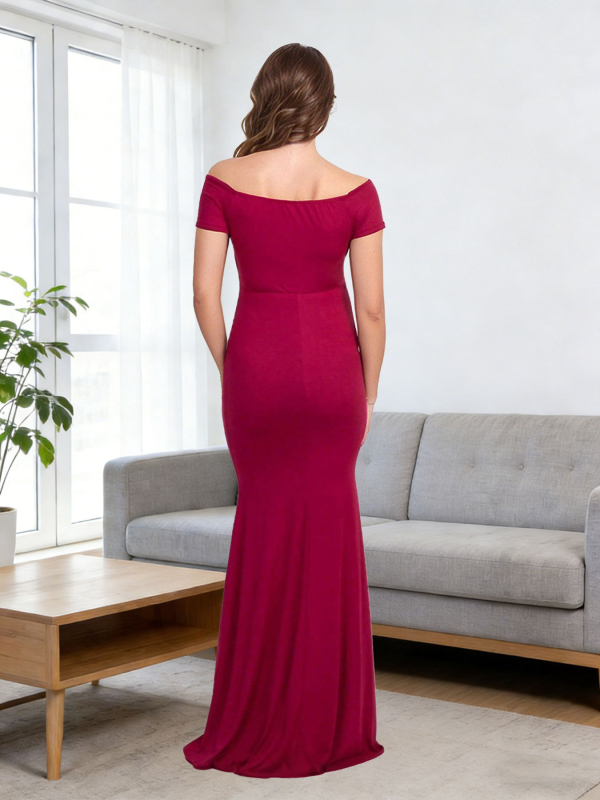 Haljina za trudnice, s otvorenim ramenima i V-dekolteom, bodycon silueta sirena, duga do poda, poliester i elastan