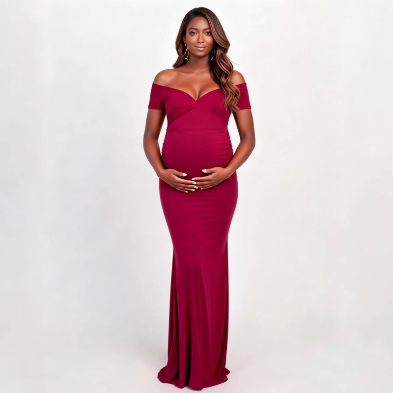 Haljina za trudnice, s otvorenim ramenima i V-dekolteom, bodycon silueta sirena, duga do poda, poliester i elastan