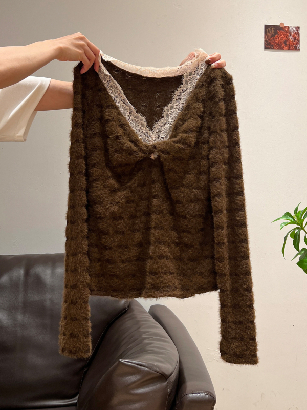 Najlon majica s V izrezom i čipkom, lažni dvodijelni stil, dugi rukavi, patchwork, blok uzorak, uski kroj, zimski svakodnevni top
