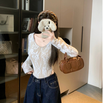 Női U-nyakú hosszú ujjú csipke patchwork ruha, karcsú szabás, poliészter