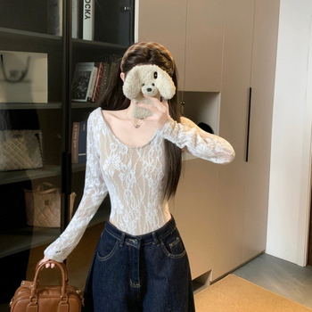 Női U-nyakú hosszú ujjú csipke patchwork ruha, karcsú szabás, poliészter