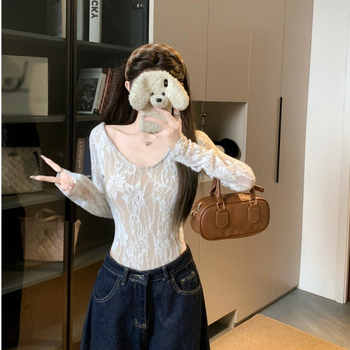 Női U-nyakú hosszú ujjú csipke patchwork ruha, karcsú szabás, poliészter