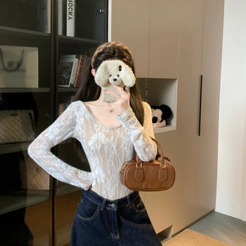 Női U-nyakú hosszú ujjú csipke patchwork ruha, karcsú szabás, poliészter