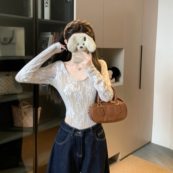 Női U-nyakú hosszú ujjú csipke patchwork ruha, karcsú szabás, poliészter