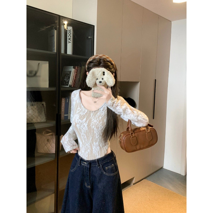 Női U-nyakú hosszú ujjú csipke patchwork ruha, karcsú szabás, poliészter