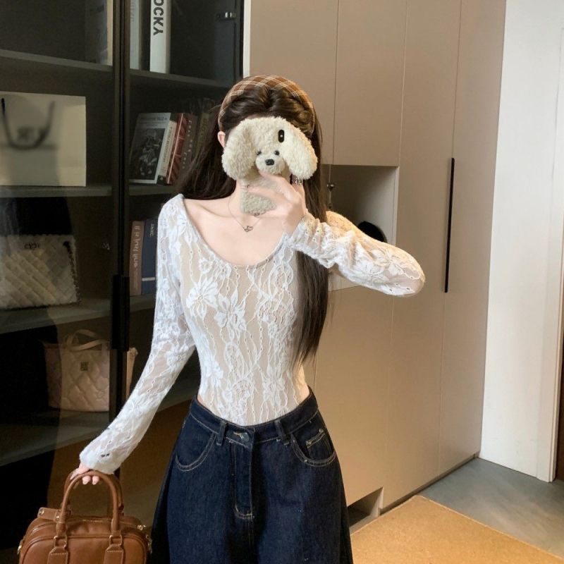 Női U-nyakú hosszú ujjú csipke patchwork ruha, karcsú szabás, poliészter