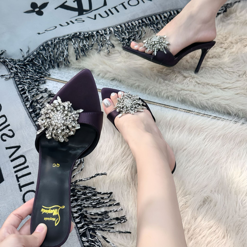 Mundu sandale sa kristalima, visoke štikle, špičasti vrh, uski potplat, 8 cm+ – žene, ljeto 2025