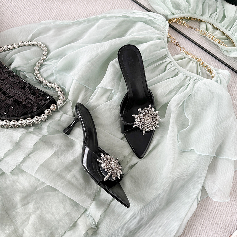 Mundu sandale sa kristalima, visoke štikle, špičasti vrh, uski potplat, 8 cm+ – žene, ljeto 2025