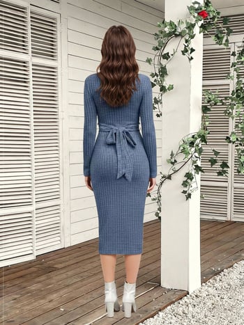 Trudni bodycon haljina s križnim strukom, s dugim rukavom, okrugli izrez, poliester, duga haljina
