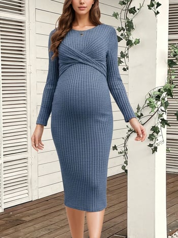 Trudni bodycon haljina s križnim strukom, s dugim rukavom, okrugli izrez, poliester, duga haljina