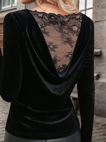 Ženski baršunasti top s dugim rukavima, dubokim V izrezom, čipkasti otvor na leđima, 3D uzorak, patchwork stil, oversize kroj.