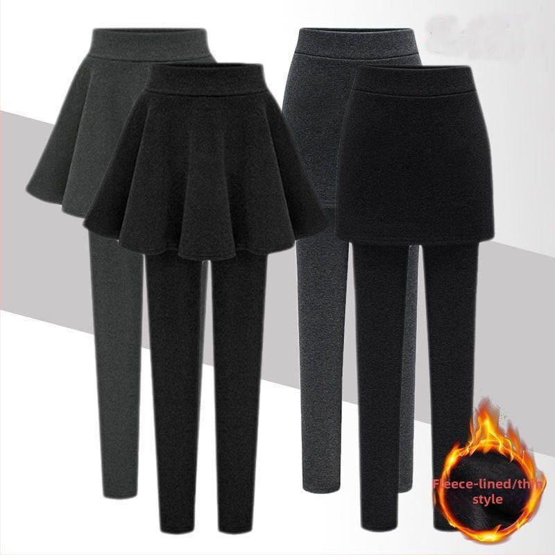 Plus-size talie înaltă – colanți-fustă cu design faux de două părți, într-un singur articol, pentru primăvară-toamnă-iarnă, gros, respirabil