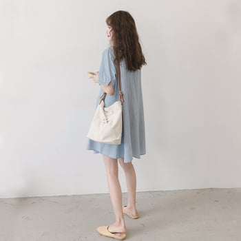 Majčinska haljina u japansko-korejskom stilu, ovratnik Lapel, 3/4 rukav, pamuk 80%, jednobojna, midi cake suknja