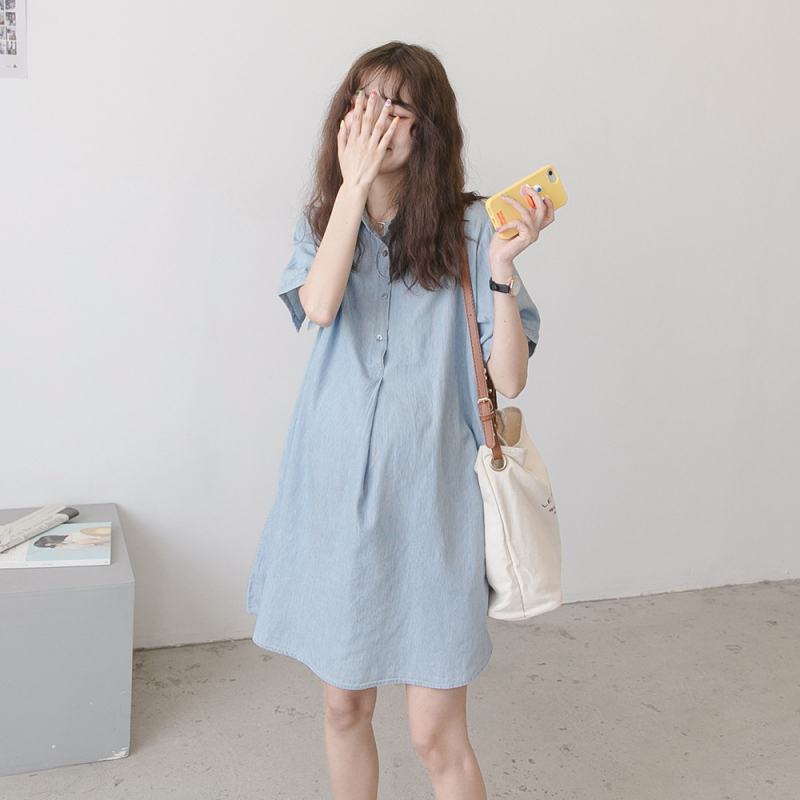 Majčinska haljina u japansko-korejskom stilu, ovratnik Lapel, 3/4 rukav, pamuk 80%, jednobojna, midi cake suknja