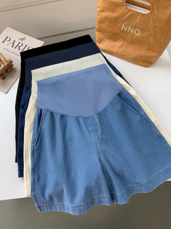 Traper šorc trudnicama, labav kroj, A‑linija širokih nogavica, pamuk denim 90–95%, podrška trbuhu