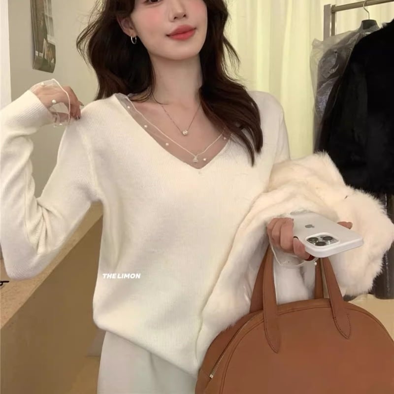 Pleten top s V-izrezom i čipkastim patchworkom, debeli pamuk-poliester materijal, dugi rukavi, pulover stil, japansko-korejski casual stil