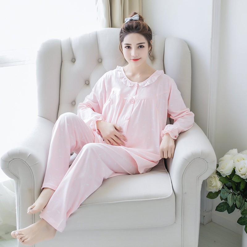 Pijama za dojenje od 100% pamuka, kardigan-stil top, dugi rukavi i duge hlače, otvor za dojenje