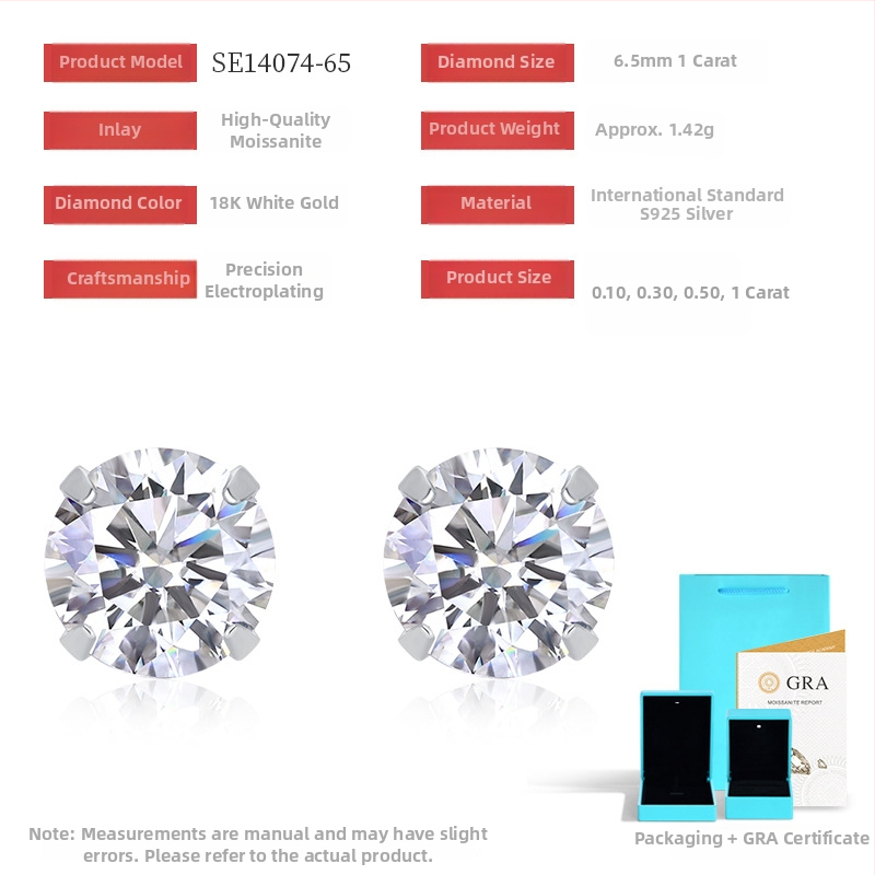 Geometrijski moissanitni stud naušnice s 925 srebrnim postavkama, klasičan stil, svježe i slatko