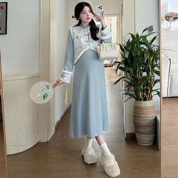 Set za trudnice: haljina u stilu cheongsam s prslukom, dugi rukavi, chenille tkanina, spandeks do 30%