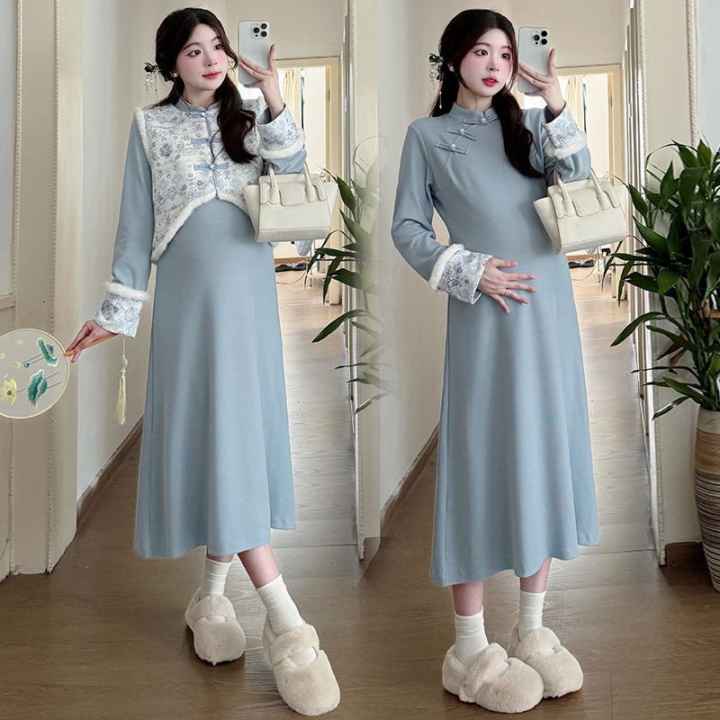 Set za trudnice: haljina u stilu cheongsam s prslukom, dugi rukavi, chenille tkanina, spandeks do 30%