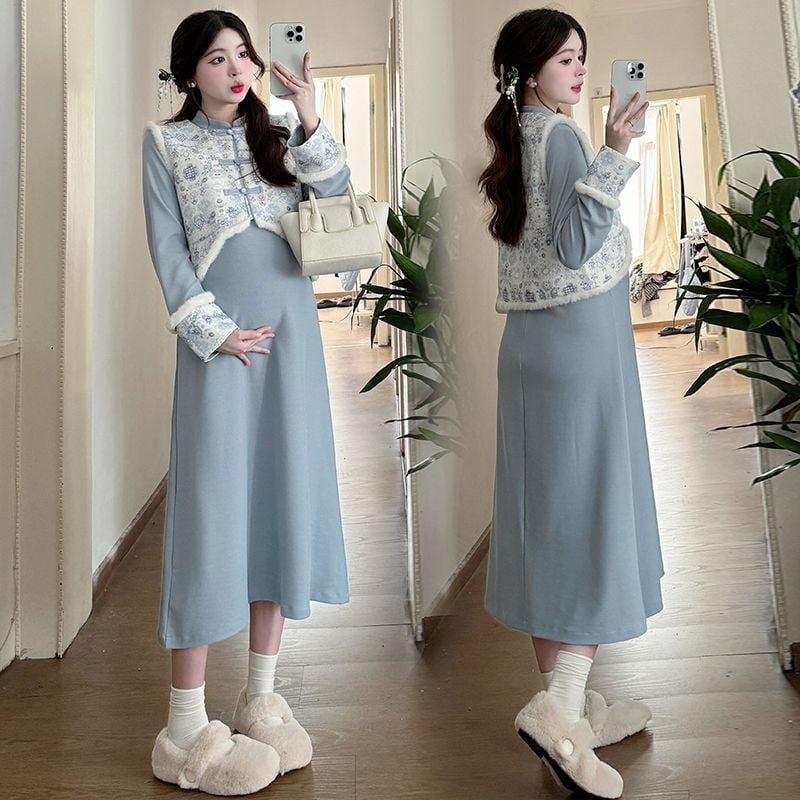 Set za trudnice: haljina u stilu cheongsam s prslukom, dugi rukavi, chenille tkanina, spandeks do 30%