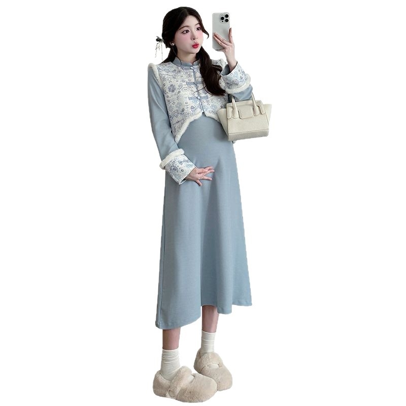 Set za trudnice: haljina u stilu cheongsam s prslukom, dugi rukavi, chenille tkanina, spandeks do 30%