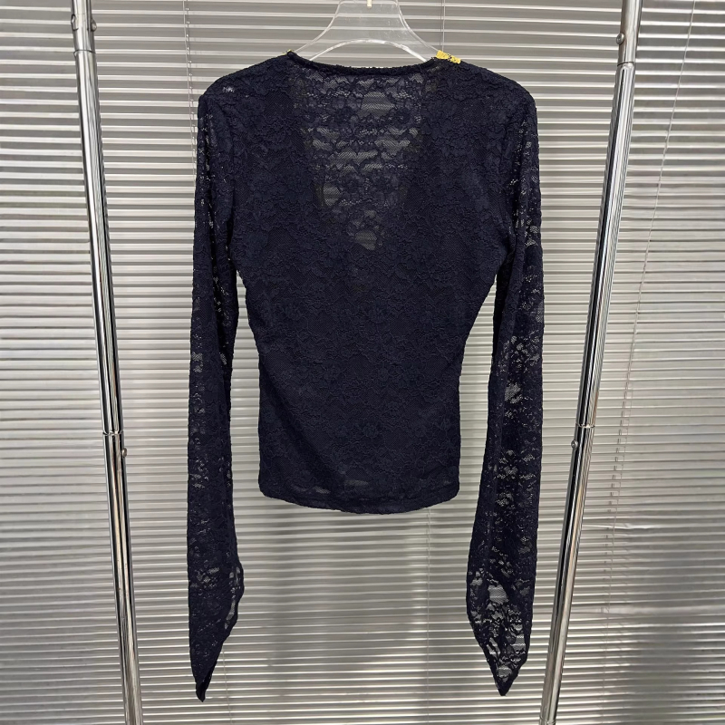 Majica s V izrezom, čipka patchwork, dugi rukavi, uski kroj, organska pamuk