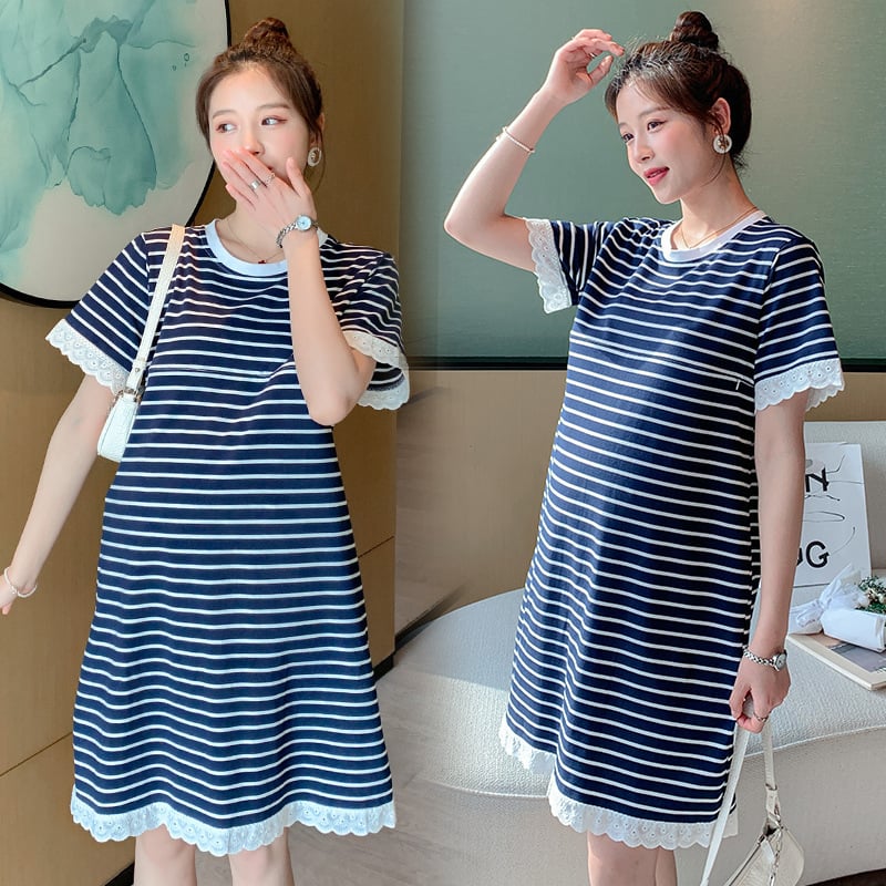 Trudnična pletena haljina s prugama i čipkom, otvor za dojenje, A-linija, midi duljina