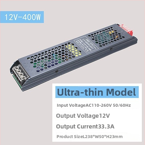 LED импулсно захранване с постоянен волтаж, вход 220 V AC, изход 12–24 V DC, до 16.6 A, 400 W, защита: претоварване, късо съединение, прекомерно напрежение, прегряване, прекомерен ток