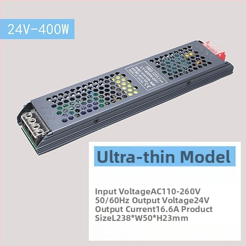LED импулсно захранване с постоянен волтаж, вход 220 V AC, изход 12–24 V DC, до 16.6 A, 400 W, защита: претоварване, късо съединение, прекомерно напрежение, прегряване, прекомерен ток