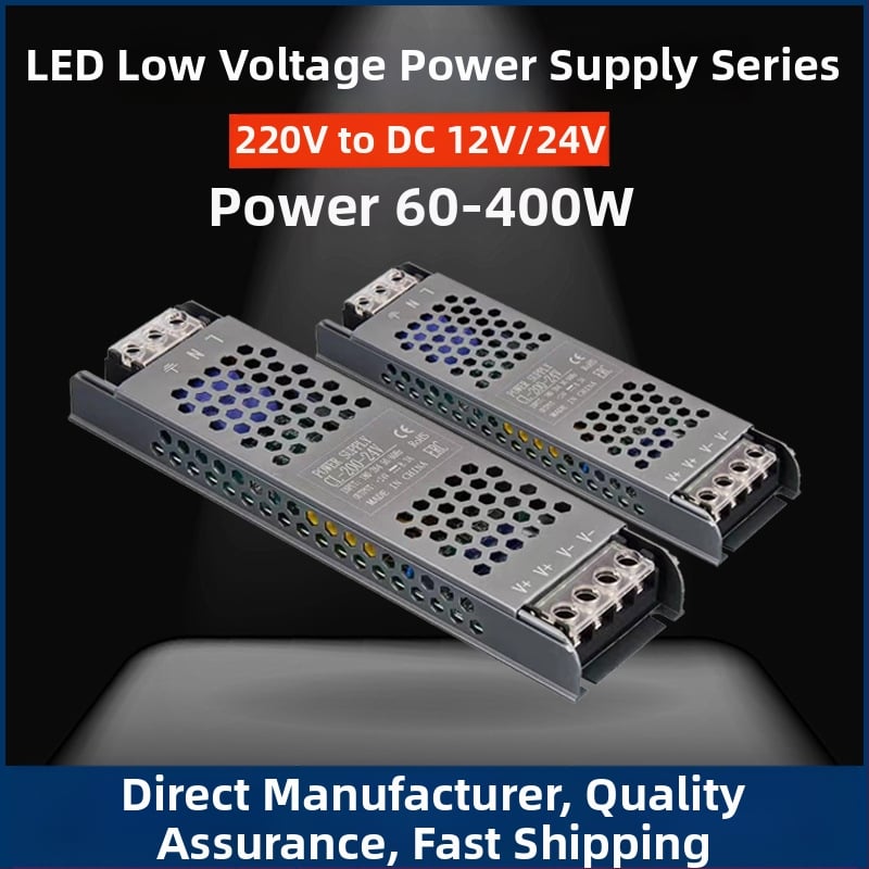 LED импулсно захранване с постоянен волтаж, вход 220 V AC, изход 12–24 V DC, до 16.6 A, 400 W, защита: претоварване, късо съединение, прекомерно напрежение, прегряване, прекомерен ток