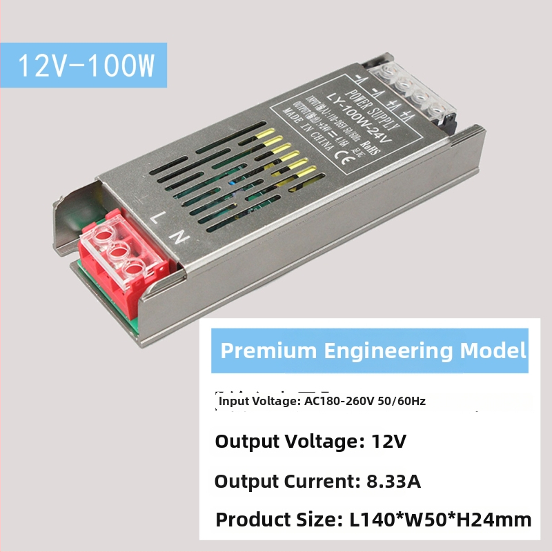 LED импулсно захранване с постоянен волтаж, вход 220 V AC, изход 12–24 V DC, до 16.6 A, 400 W, защита: претоварване, късо съединение, прекомерно напрежение, прегряване, прекомерен ток