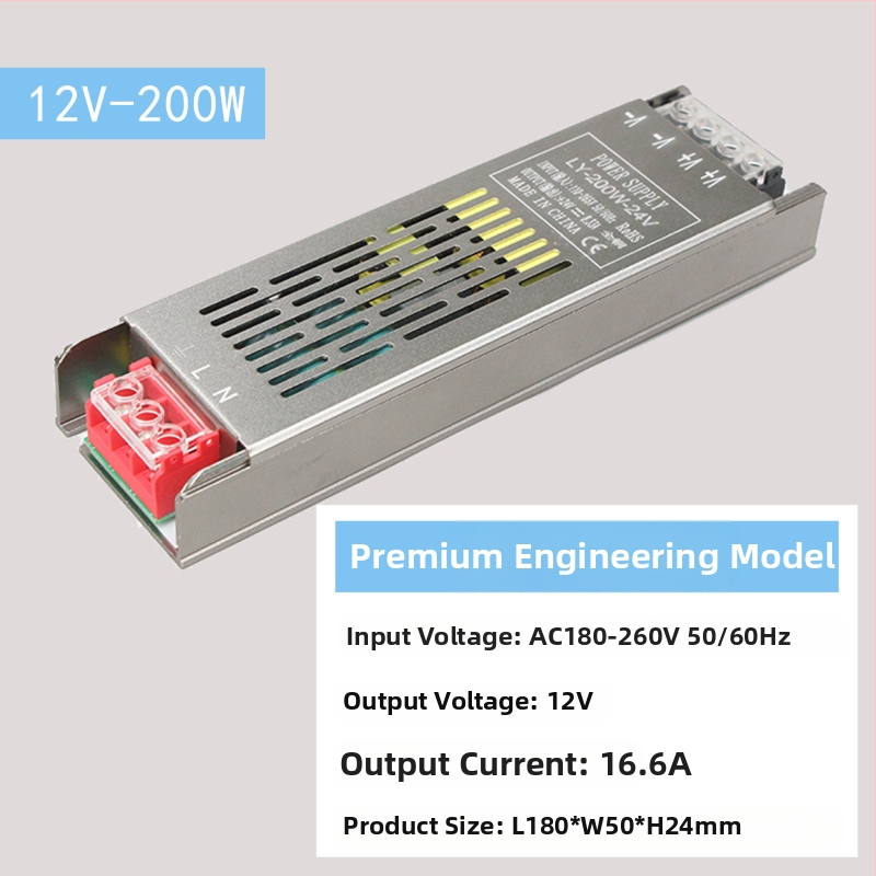 LED импулсно захранване с постоянен волтаж, вход 220 V AC, изход 12–24 V DC, до 16.6 A, 400 W, защита: претоварване, късо съединение, прекомерно напрежение, прегряване, прекомерен ток