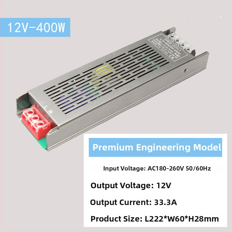 LED импулсно захранване с постоянен волтаж, вход 220 V AC, изход 12–24 V DC, до 16.6 A, 400 W, защита: претоварване, късо съединение, прекомерно напрежение, прегряване, прекомерен ток