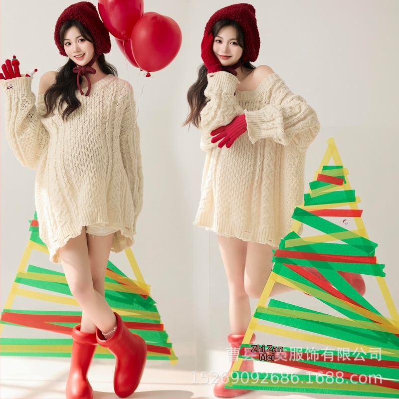 Комплект за фотосесия на бременна: плетен комплект с дълги реглан ръкави, полиестер, пролет 2026