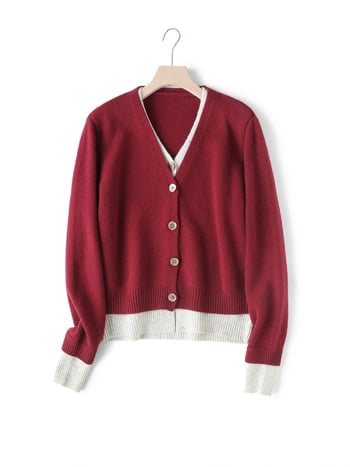 Плетен кардиган с цветово блокиране и ефект на две части, свободен силует, V-образно деколте, дълги ръкави, от вълна